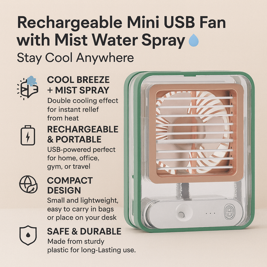 Rechargeable Mini USB Fan with Mist Water Spray